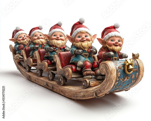 Festive Holiday Spirit: Five cheerful whimsical holiday figurines ride in a rustic wooden sleigh, decorated with a bell and blue accents, isolated on white