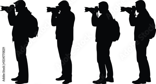 Black silhouette illustration of four people holding cameras, each capturing a photograph from different angles, emphasizing the art of photography
