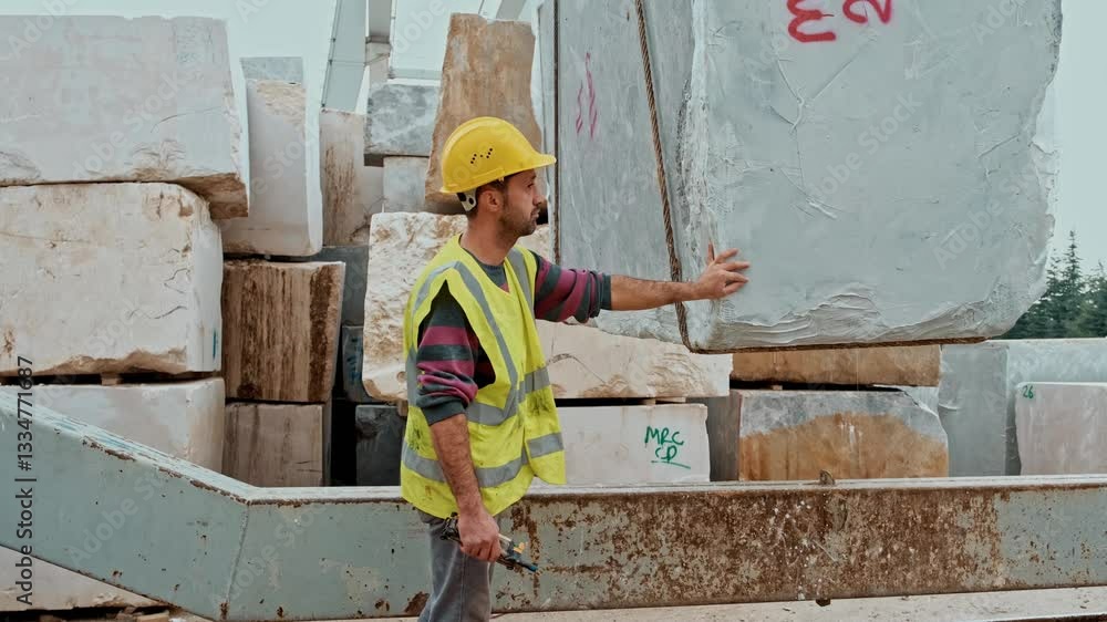 Crane operator guiding stone blocks in a marble quarry. A worker controls the movement of large stone blocks using a remote control. Crane operator guiding stone blocks in a marble quarry. A worker controls the movement of large stone blocks using a remote control.