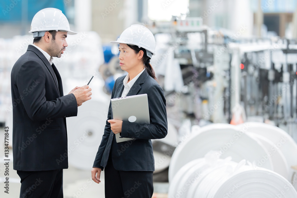 In the competitive technology industry, an Asian female engineer partnered with a European male company owner to introduce innovative machinery that revolutionized industrial production processes. In the competitive technology industry, an Asian female engineer partnered with a European male company owner to introduce innovative machinery that revolutionized industrial production processes.