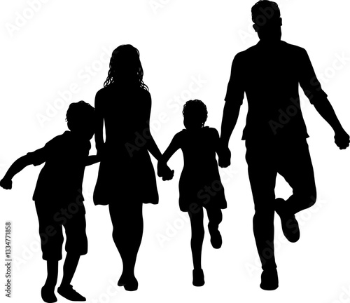 Une silhouette de jeunes parents joyeux, énergiques et tendres, qui coure ensemble avec leurs enfants, partageant un moment de pur bonheur familial sur un fond transparent