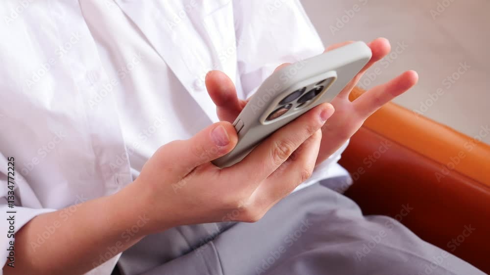 A woman checks her smartphone while sitting comfortably in a stylish indoor space. A woman checks her smartphone while sitting comfortably in a stylish indoor space.