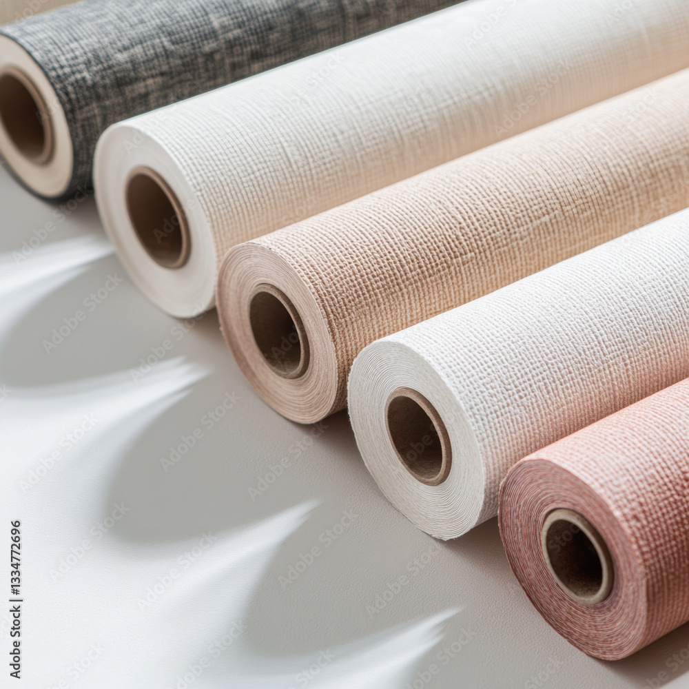Rolls of decorative wallpaper in neutral tones for the interior. Textured surface, stylish design and high quality. Ideal choice for wall decoration in a modern home. Rolls of decorative wallpaper in neutral tones for the interior. Textured surface, stylish design and high quality. Ideal choice for wall decoration in a modern home.