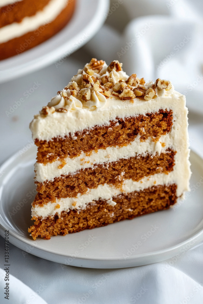 Appetizing slice of carrot cake with cream and nuts on a white plate. Homemade pastry, airy cakes and delicate buttercream. A perfect dessert for tea parties and holidays. Appetizing slice of carrot cake with cream and nuts on a white plate. Homemade pastry, airy cakes and delicate buttercream. A perfect dessert for tea parties and holidays.