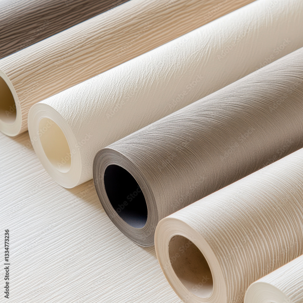 Rolls of decorative wallpaper in neutral tones for the interior. Textured surface, stylish design and high quality. Ideal choice for wall decoration in a modern home. Rolls of decorative wallpaper in neutral tones for the interior. Textured surface, stylish design and high quality. Ideal choice for wall decoration in a modern home.
