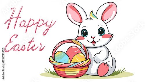 An adorable cartoon anime bunny is joyfully surrounded by a variety of colorful Easter eggs, ideal for holiday themes
