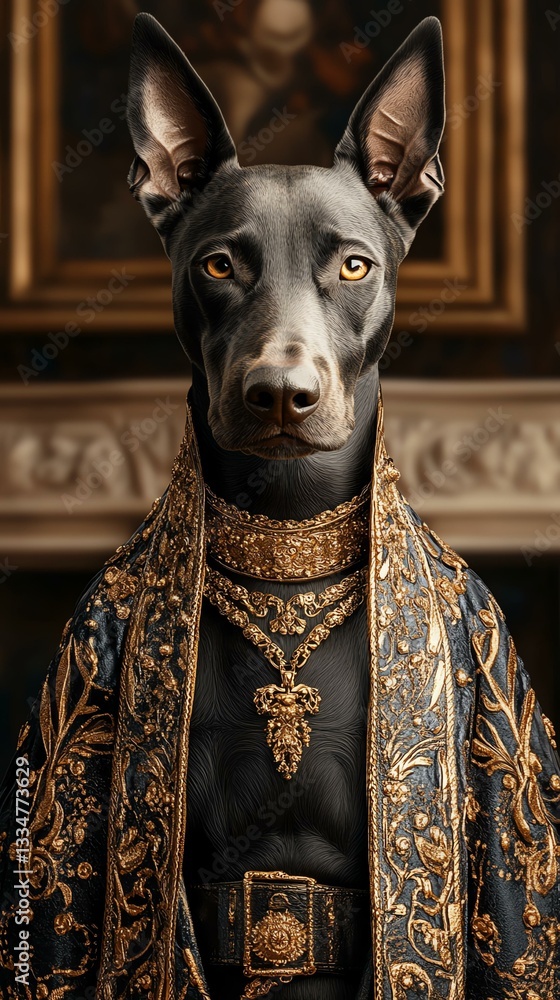 Obraz premium Pet royal petfluencer fashion style, luxury pet fashion featuring a regal dog in rich textures. Regal dog portrait with intricate attire and striking features.