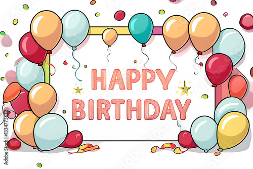 A vibrant and colorful birthday celebration scene filled with cheerful balloons and festive confetti all around