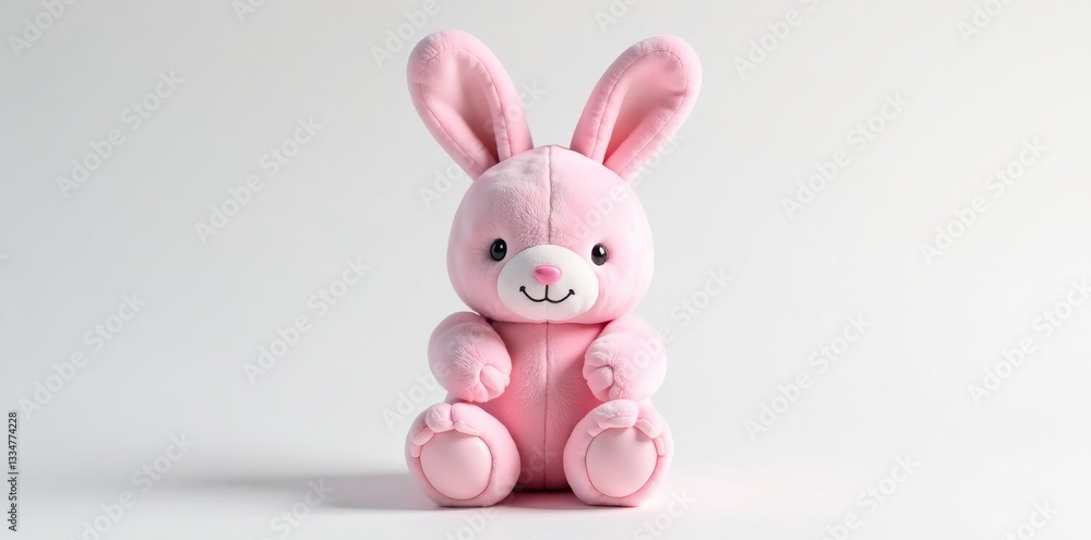 Obraz premium Cute pink bunny plush toy on white background, kids' room decor, toy, children, white background