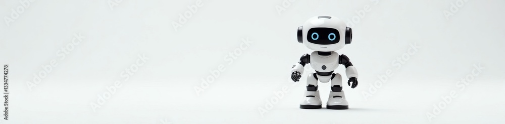 Cute miniature robot looking curious and playful, on white backdrop, futuristic, AI, fun Cute miniature robot looking curious and playful, on white backdrop, futuristic, AI, fun