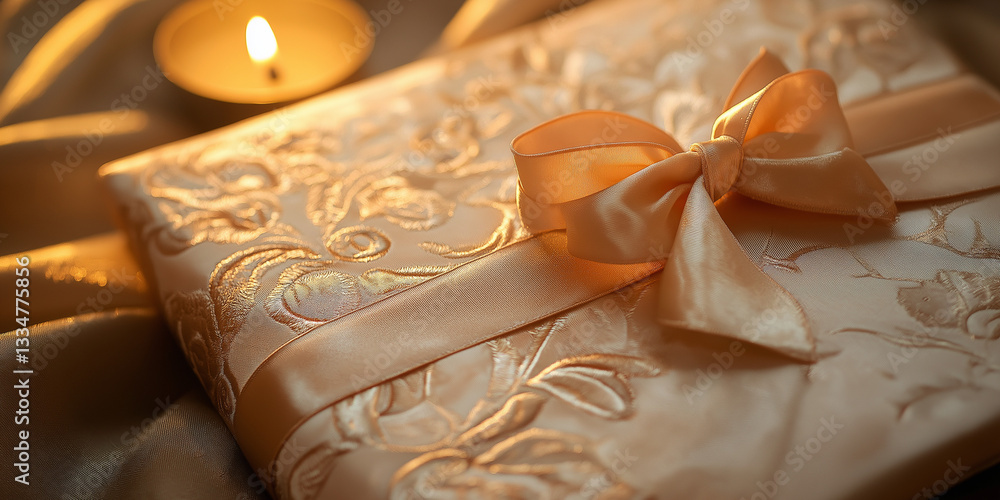 Elegant gift box with ribbon on soft fabric background Elegant gift box with ribbon on soft fabric background