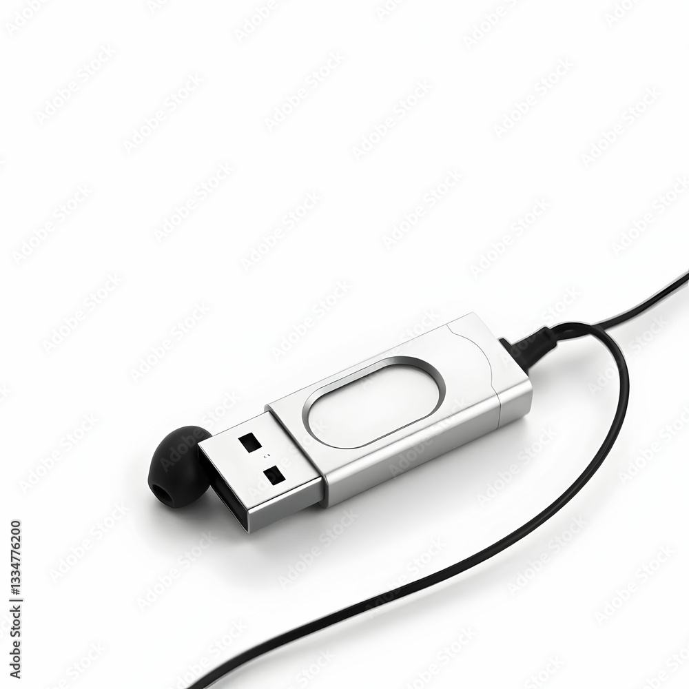 Usb flash drive tech device with minimalist monochrome background and earphones Usb flash drive tech device with minimalist monochrome background and earphones