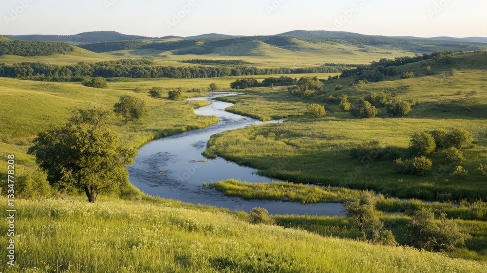 Naklejka premium Winding River Through Lush Green Meadow Under Clear Sky
