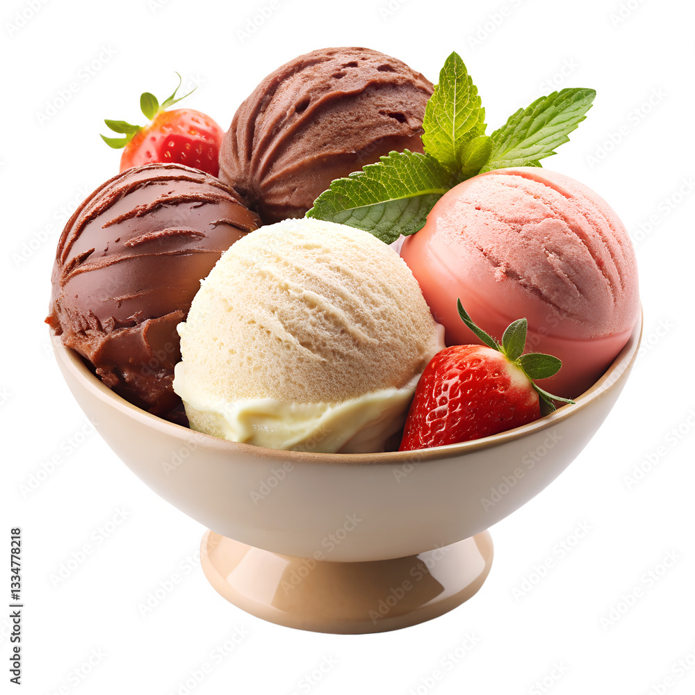 Cold triple scoop ice cream bowl vanilla chocolate isolated on transparent background Cold triple scoop ice cream bowl vanilla chocolate isolated on transparent background