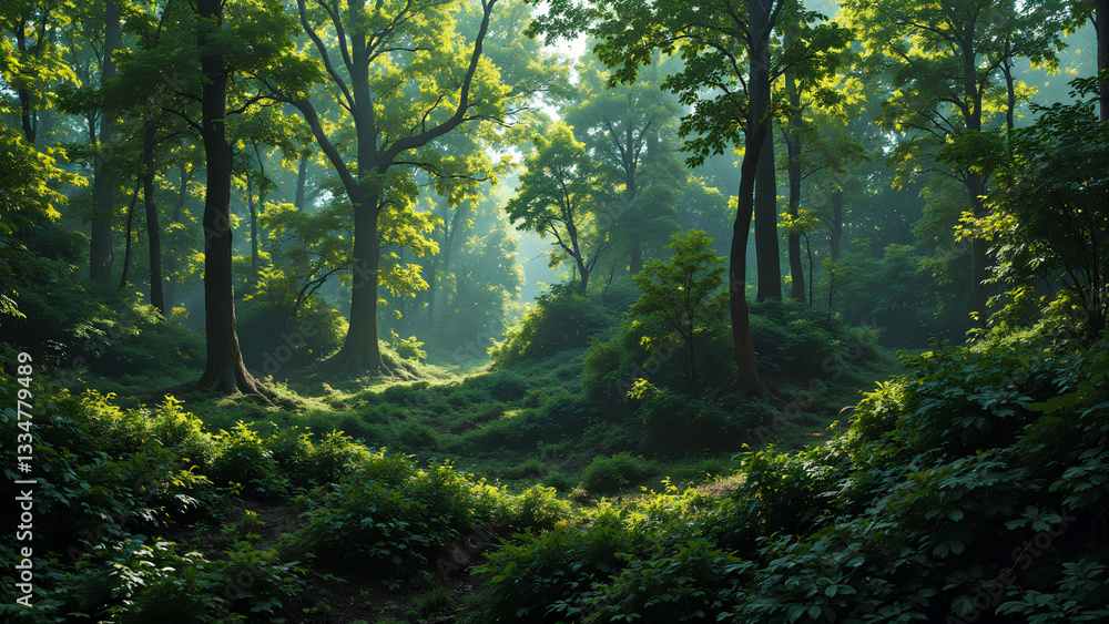 Fototapeta premium Lush green forest with sunlight filtering through trees, creating serene atmosphere. vibrant foliage and soft light evoke sense of tranquility and connection to nature