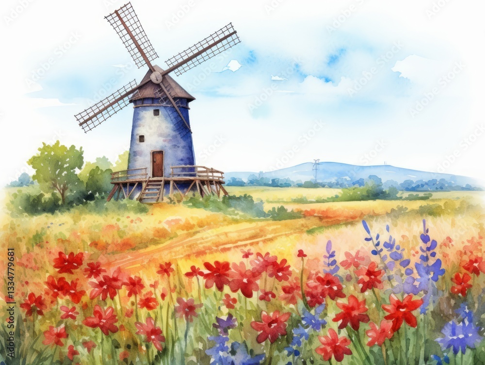 Naklejka premium Serene Watercolor Scene of Old Windmill in Field of Wildflowers Under Clear Sky