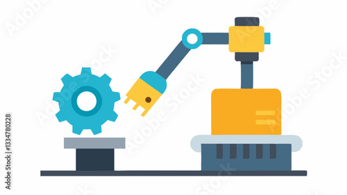 Robotic Arm Assembling Gear A robotic arm with a sleek design grips a metal gear carefully placing it onto a conveyor belt alongside other assembled parts.
