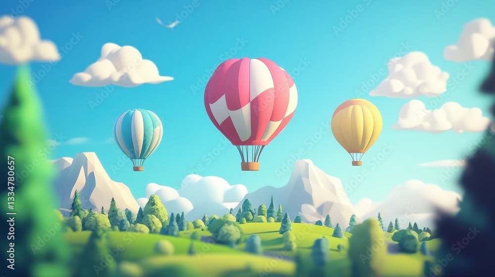 Naklejka premium Colorful Hot Air Balloons Flying Over Scenic Mountain Landscape
