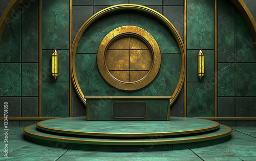 Green and Gold Art Deco Style Stage with Circular Window and Lighting Fixtures