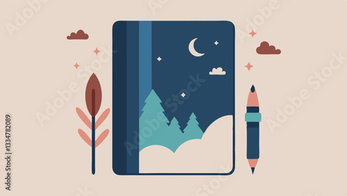 ScreenFree Journal A closed beautifully designed journal with a quill pen resting on it. The cover features doodles of trees mountains and stars emphasizing mindfulness and