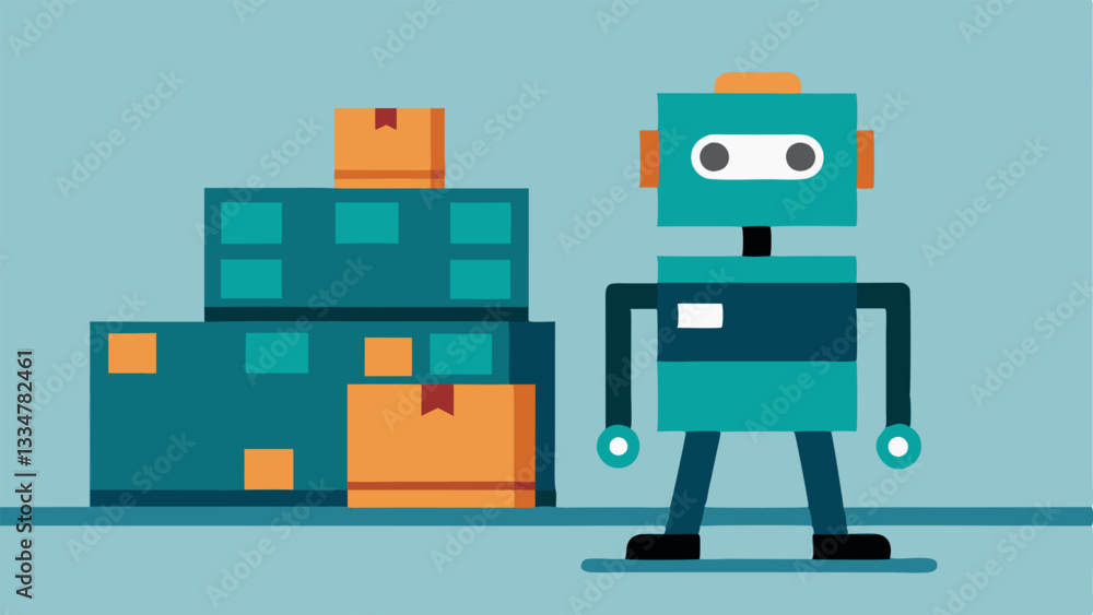 Obraz premium Shipping Robot A compact robot equipped with a flat surface carrying several neatly packed boxes on its back navigating through a wide warehouse aisle towards a shipping dock.