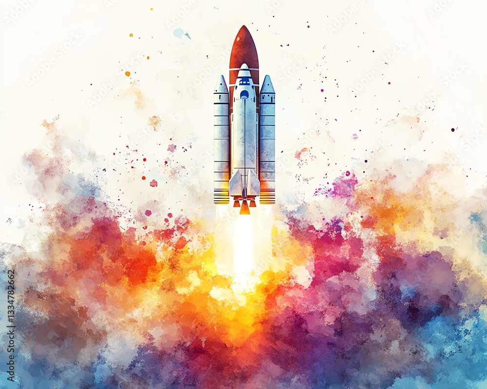 A dynamic watercolor depiction of a rocket launching A dynamic watercolor depiction of a rocket launching