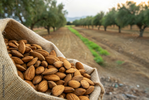 Wallpaper Mural Freshly Harvested Almonds in Burlap Sack with Orchard Background at Sunset in Rural Setting Torontodigital.ca