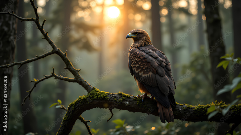 majestic bird perched on mossy branch in serene forest at sunset, surrounded by tall trees and soft light filtering through leaves majestic bird perched on mossy branch in serene forest at sunset, surrounded by tall trees and soft light filtering through leaves