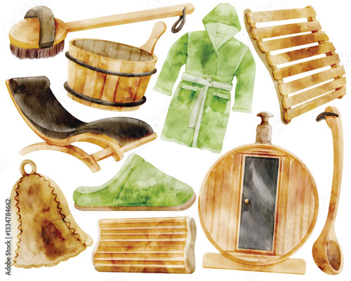 Watercolor Sauna and Bathhouse Illustration Set, Hand Painted, Relaxing, Traditional, Wooden Sauna, Steam Room, Bucket, Ladle, Bathrobe, Slippers, Brush, Lounge Chair, Pillow