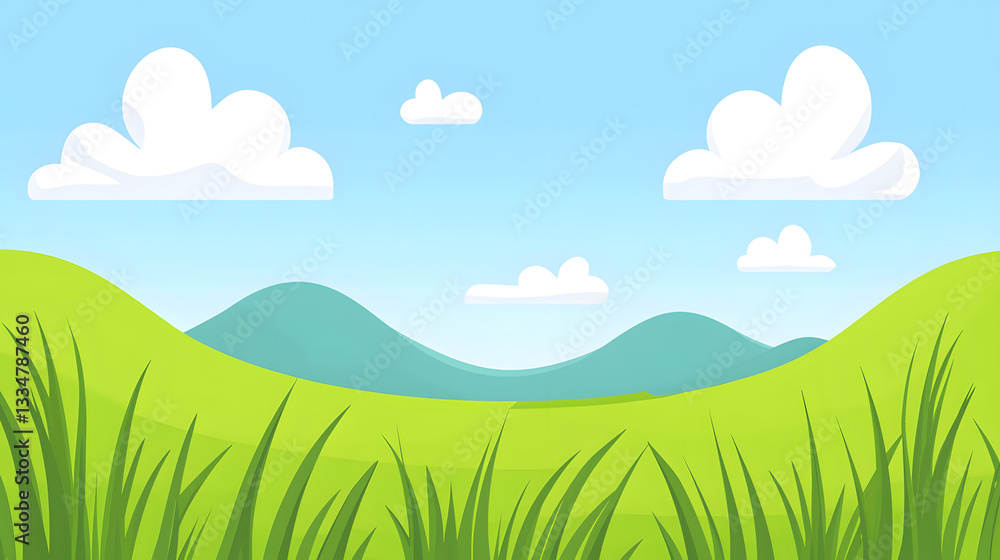 A beautiful cartoon vector landscape with lush green meadows, rolling hills, and a bright, clear sky, creating a peaceful and vibrant atmosphere.
A beautiful cartoon vector landscape with lush green meadows, rolling hills, and a bright, clear sky, creating a peaceful and vibrant atmosphere.