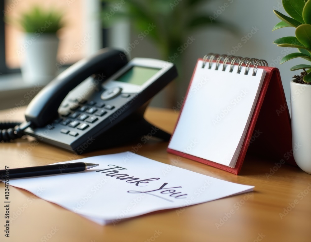 Thank You Note on Desk with Office Phone and Desk Calendar
