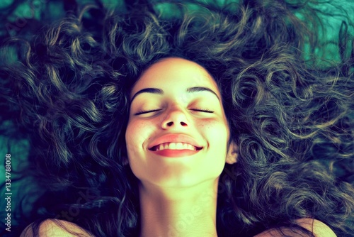 Long hairdo - curly hair. Commercial promotion idea. Pretty happy mixed-race girl - for ads, flyer and digital use. Black woman creativity. Vibrant hair portrait inspiration. Long colored hai.