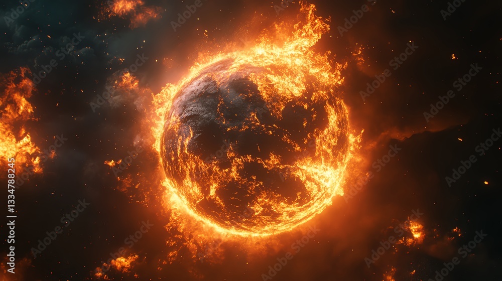 A hyperrealistic depiction of Earth melting under intense flames A hyperrealistic depiction of Earth melting under intense flames
