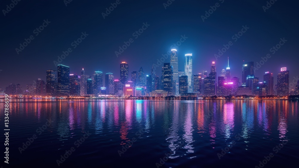 Fototapeta premium City skyline glowing at night, skyscrapers reflecting on water, concept of tourism, finance