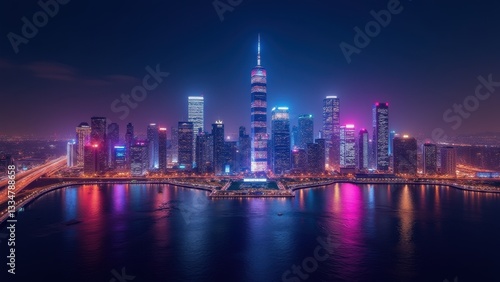 Wallpaper Mural City skyline glowing at night, skyscrapers reflecting on water, concept of tourism, finance Torontodigital.ca