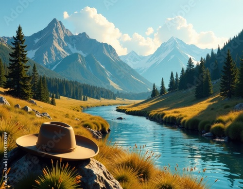 Cowboy Hat on Rock by Mountain River, Stunning Landscape Photography