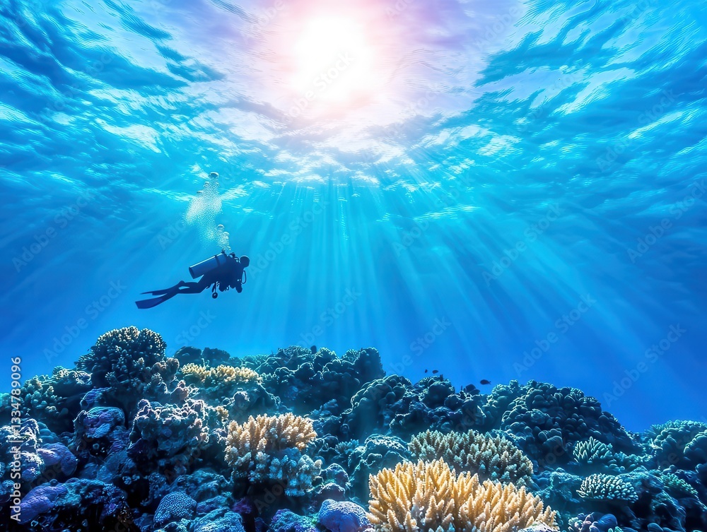 Fototapeta premium Diver exploring vibrant coral reef under sunlit ocean surface