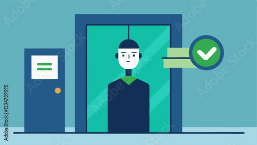 Security Portal A sleek modern entrance with a facial recognition scanner above a doorway showing a users face being scanned in realtime with a green checkmark indicating