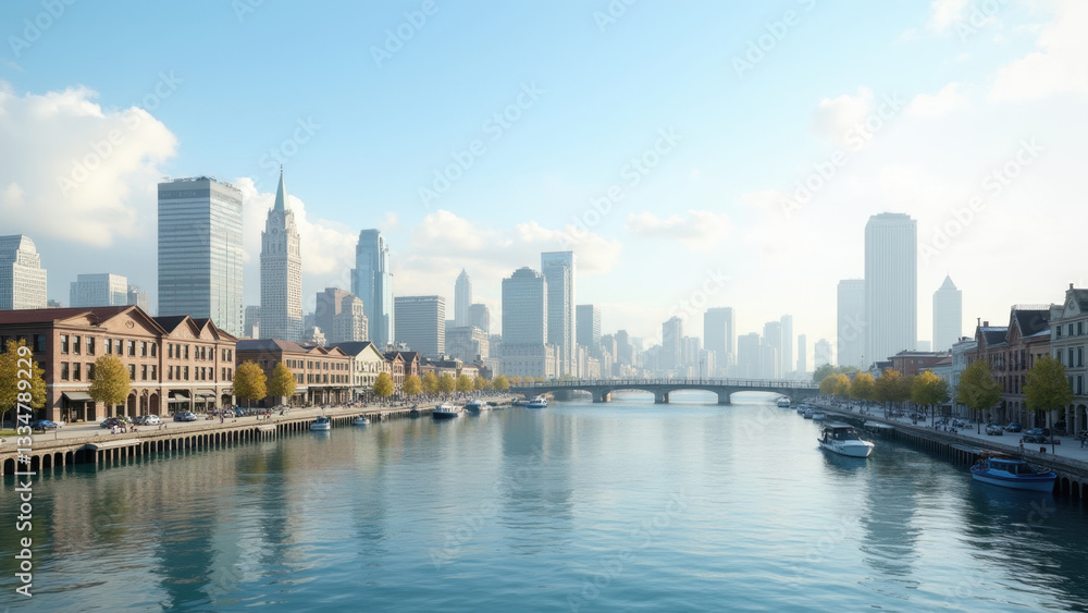 Fototapeta premium Modern Skyline, Reflective surfaces of skyscrapers and buildings in the city skyline, the contemporary architecture and urban design elements