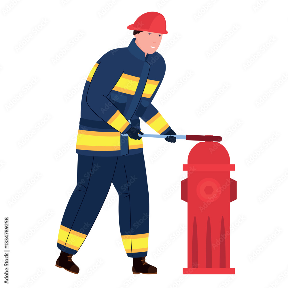 Illustration of a firefighter in a blue uniform with yellow stripes turning a wrench to open a fire hydrant. Illustration of a firefighter in a blue uniform with yellow stripes turning a wrench to open a fire hydrant.