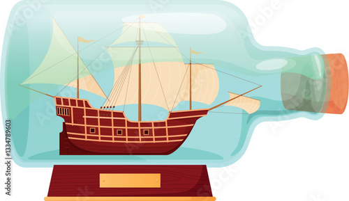 Glass bottle with a model ship inside, showcasing vibrant colors and intricate details that highlight the craftsmanship of the model.
