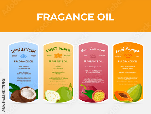 A set of labels for tropical essential oils listing their ingredients and unique qualities