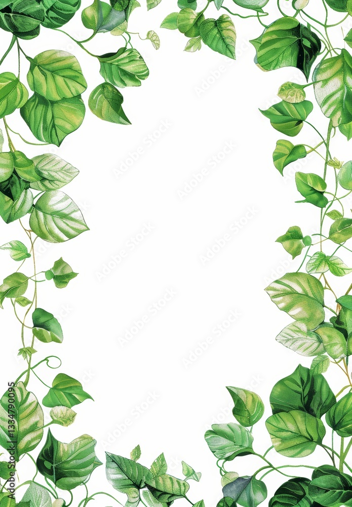 Fototapeta premium Thin Border of Vines and Leaves with White Background in Center