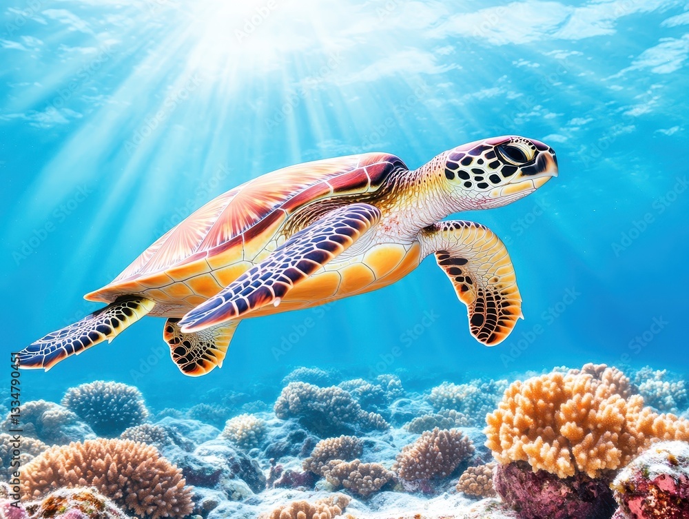 Obraz premium Vibrant sea turtle gliding through a coral reef with sun rays illuminating the scene
