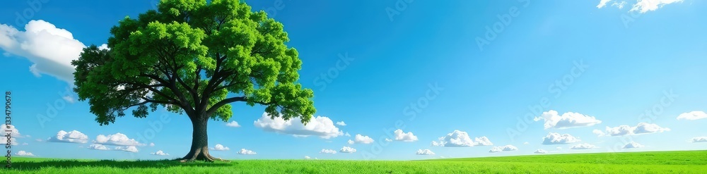 Obraz premium Tall tree against a clear blue sky with clouds, greenery, nature