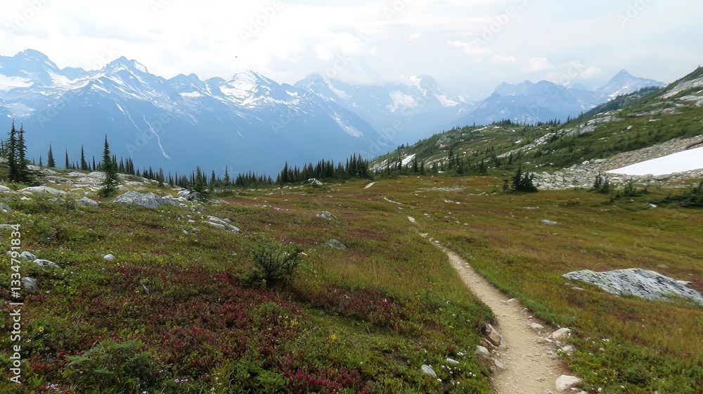 Mountain Meadow Trail with Snowcapped Peaks in the Distance Mountain Meadow Trail with Snowcapped Peaks in the Distance