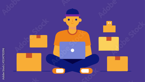 Online Shopping Frenzy A person sitting in front of a computer or tablet surrounded by delivery boxes depicting the ease of online shopping and overconsumption.