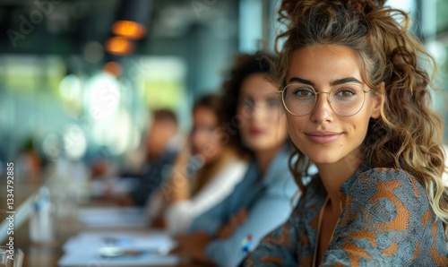 meeting in the office, 4 people with serious faces are sitting at a long conference table