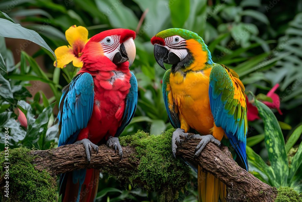 Obraz premium Two colorful parrots sitting on mossy branches in an exotic garden with flowers and plants, a real photograph.