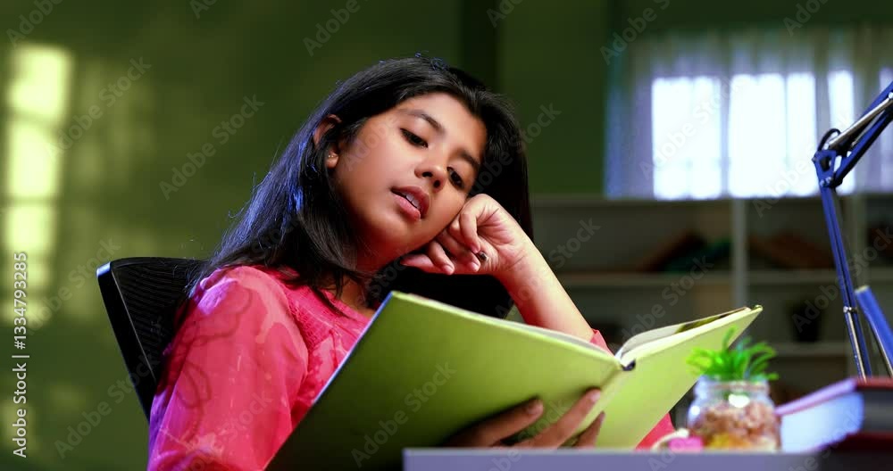 Indian Asian teenage girl happily studying at home, reading and learning from a book in a cozy lavish home, focused on education, exam preparation, self-study with enthusiasm in a bright, airy space Indian Asian teenage girl happily studying at home, reading and learning from a book in a cozy lavish home, focused on education, exam preparation, self-study with enthusiasm in a bright, airy space